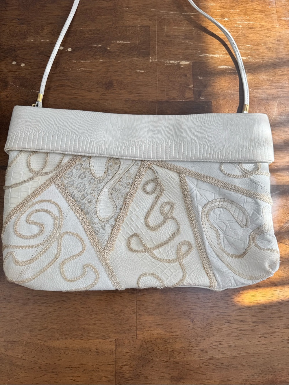 Lee Sands Cream Embroidered Fold-Over Crossbody Bag - Picture 2 of 5
